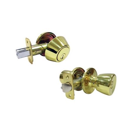 FAULTLESS Faultless 5002047 Tulip Polished Brass Metal Entry Knob & Single Cylinder Deadbolt - 3 Grade Right Handed 5002047
